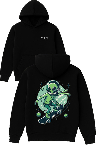 VSRN Hanorac negru supradimensionat cu glugă, cu imprimeu Alien Skater Design