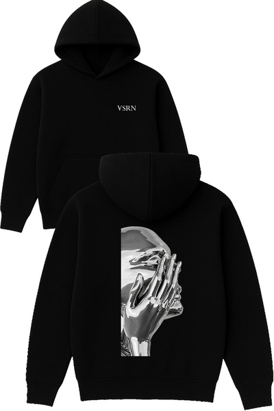 VSRN Hanorac negru supradimensionat cu glugă, cu imprimeu design metalic