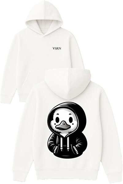 VSRN Hanorac alb supradimensionat cu glugă, imprimat cu design Young Duck