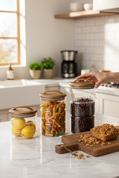 zezedesing Acacia Lid 3-Piece Glass Decorative Vacuum Jar Set with Glass Stems 600ml - 950ml -1200Ml