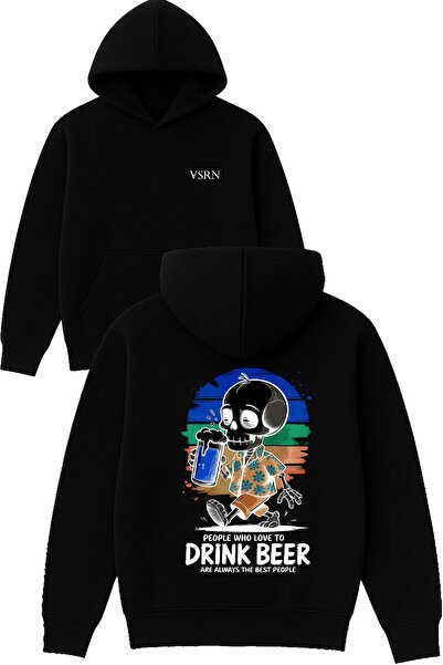 VSRN Hanorac negru supradimensionat cu glugă, cu imprimeu design „Drınk beer”