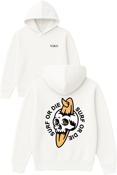 VSRN Hanorac alb supradimensionat cu glugă, cu imprimeu design Surf or Die