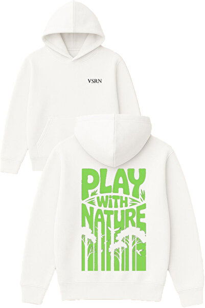 VSRN Play nature Hanorac alb supradimensionat cu glugă, imprimat cu design
