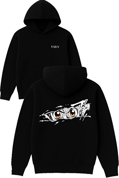VSRN Hanorac negru supradimensionat cu glugă, imprimat cu design Anime Eye