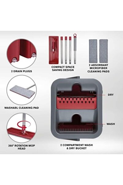 SokShop Dirt Devil cleaning set, flat mop 120 cm, 2-compartment bucket, gray/red