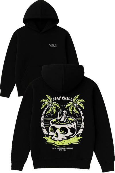VSRN Hanorac negru supradimensionat cu glugă și imprimeu Stay chill Design