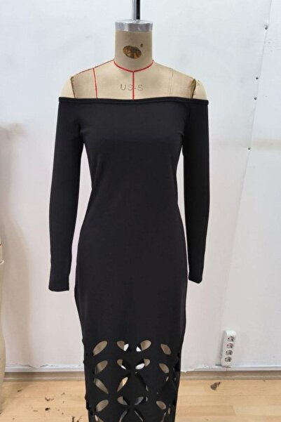 Mossta Madonna Collar Laser Cut Detailed Imported Crepe Dress - Black