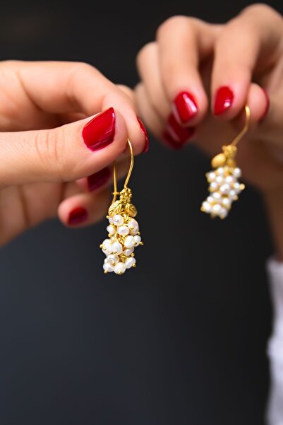 Flamingo 925 Ayar Gümüş Altın Kaplama Inci Taşlı Salkım Üzüm Küpe