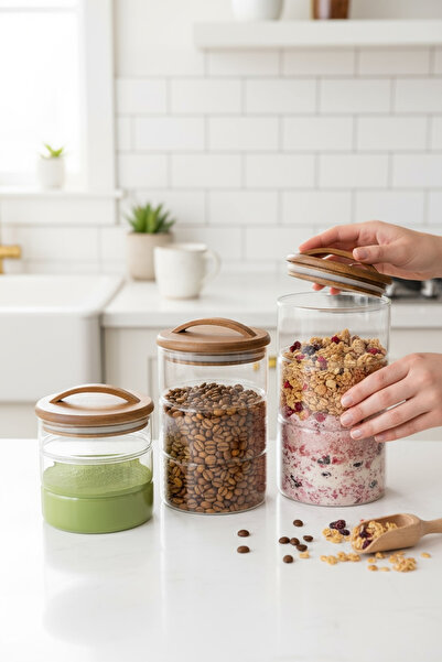 zezedesing Acacia Lid 3-Piece Glass Decorative Vacuum Jar Set with Glass Stems 600ml - 950ml -1200Ml