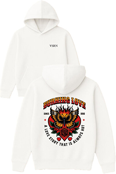 VSRN Hanorac alb supradimensionat cu glugă, cu imprimeu Burning Love Design