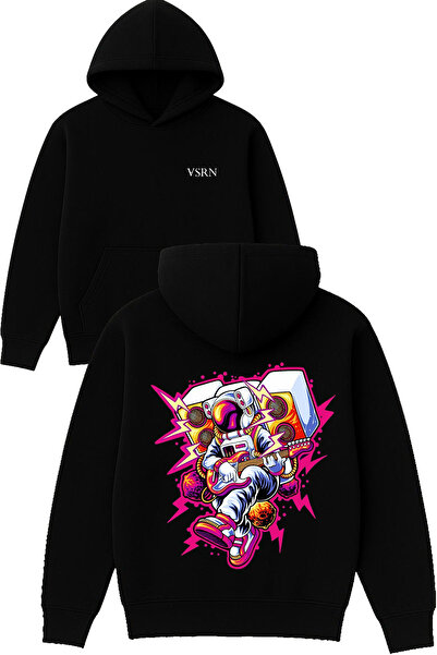 VSRN سترة روكستير بتصميم رائد الفضاء مطبوع قصة فضفاضة باللون الأسود بغطاء رأس