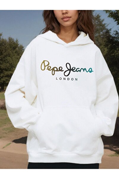 PALPİTO Women's White Pepe London Printed Hooded Hoodie Sweatshirt
