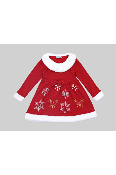 Nimini Kids New Year Themed Fleece-Lined Plush Boat Neck Bow Detailed Snowflake Girl's Dress (4-8 Years Old)