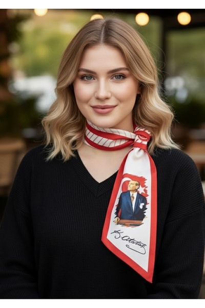 Mavi Masal Atatürk İmzalı ve Silüetli Beyaz-Kırmızı Desenli Kravat / Fular
