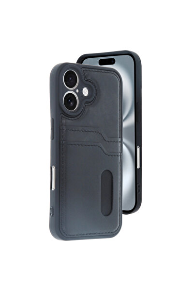 eco port iPhone 16 Case Sara Leather Case with Business Card - Black