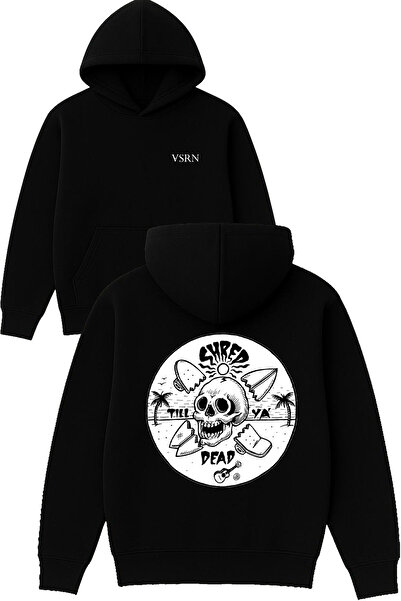 VSRN سترة شيريد ديد ديزاين مطبوع قصة فضفاضة سوداء بغطاء رأس