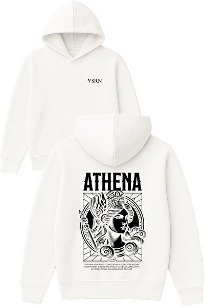 VSRN Hanorac cu glugă alb supradimensionat cu imprimeu Athena pentru femei