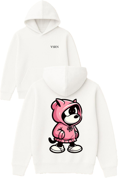 VSRN Hanorac cu glugă alb oversize, cu imprimeu Pink Sweatli Wolf Design