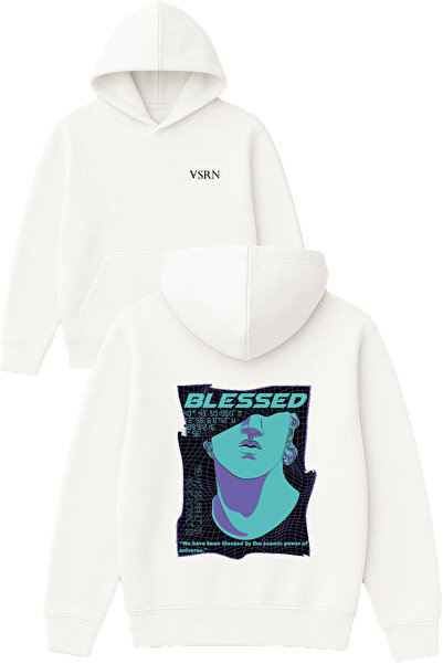 VSRN Hanorac alb supradimensionat cu glugă, imprimat cu design Blessed 1