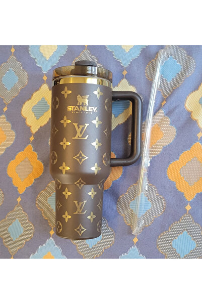 Generic Premium Brown Stanley Style Tumbler with Handle | LV Pattern Insulated Travel Mug 40oz