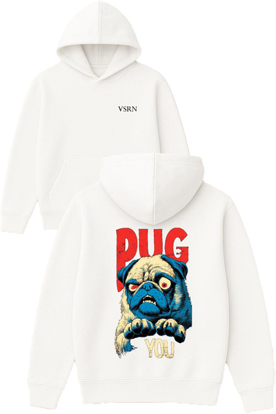 VSRN Φούτερ με κουκούλα Pug you Design, με στάμπα, σε μεγάλο μέγεθος, λευκό