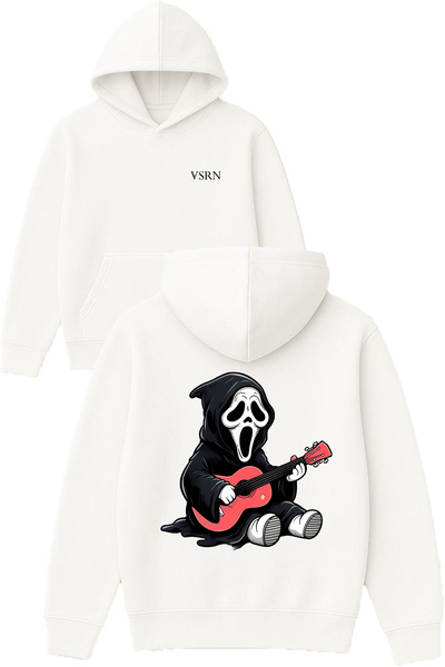 VSRN Hanorac cu glugă alb supradimensionat cu imprimeu Ghost Guitarist Design