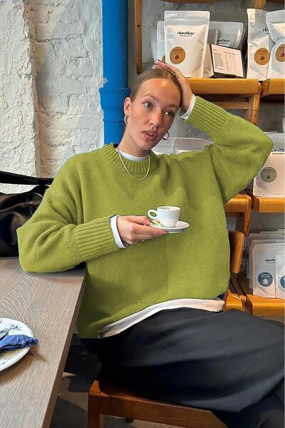 Madmext Oil Green Crew Neck Oversized Knitwear Sweater Mg1972