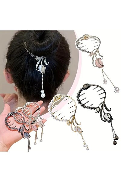 Shehlaa Ancient Style Stone Pearl Tulip Tassel Hairpin, Ponytail Clip, Stylish, Gift