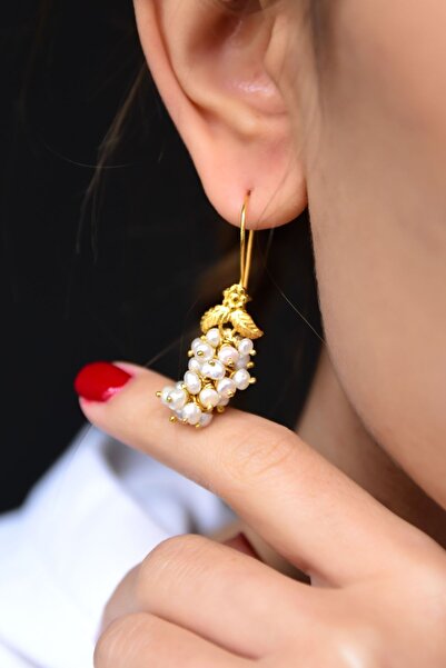 Flamingo 925 Ayar Gümüş Altın Kaplama Inci Taşlı Salkım Üzüm Küpe