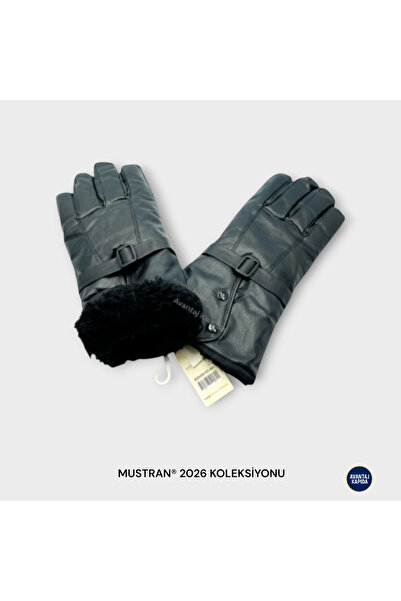 Mustran Suyutti Men'S/Unisex Black Leather Fur Gloves - Zippered, Buckle Style Detailed Model