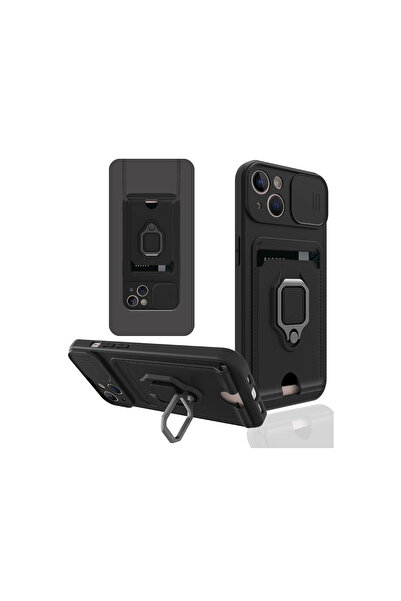 Marsilyan حافظة آيفون 14 بلس زوما مع حلقة بطاقة عمل من السيليكون - أسود