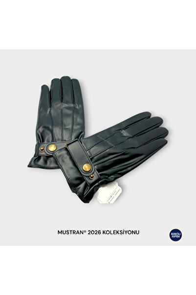 Mustran Suyutti Men'S/Unisex Black Leather Fur Gloves - Zippered, Buckle Style Detailed Model