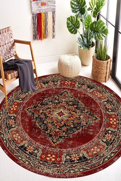 AOKİ Kırmızı Yuvarlak El Halısı vintage Görünümlü Dot Taban Halı