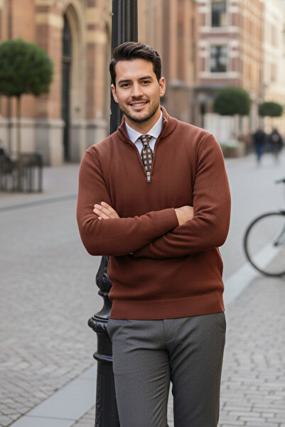 NAZEF Slim Fit Zippered Judge Collar Corded Fabric Cotton Brown Sweater