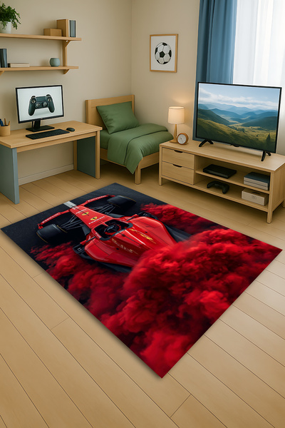 Kessy Home Studio Spor Araba Desenli Genç Oda Halısı Dijital Baskı Salon Halı...
