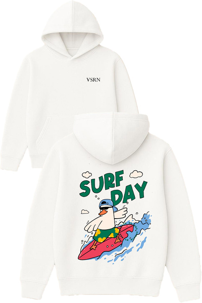 VSRN Hanorac alb supradimensionat cu glugă, cu imprimeu Surf day Design