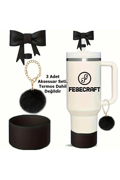 FESECRAFT Quencher 30 - 40 oz 3-Piece Stanly Thermos Accessory Bow Stopper Charm Plush Base Protector Silicone Set