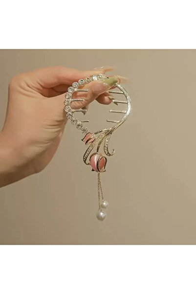 Shehlaa مشبك شعر على شكل زهرة التوليب الوردية على الطراز القديم، مشبك ذيل حصا...