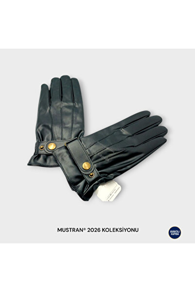 Mustran Suyutti Men'S/Unisex Black Leather Fur Gloves - Zippered, Buckle Style Detailed Model