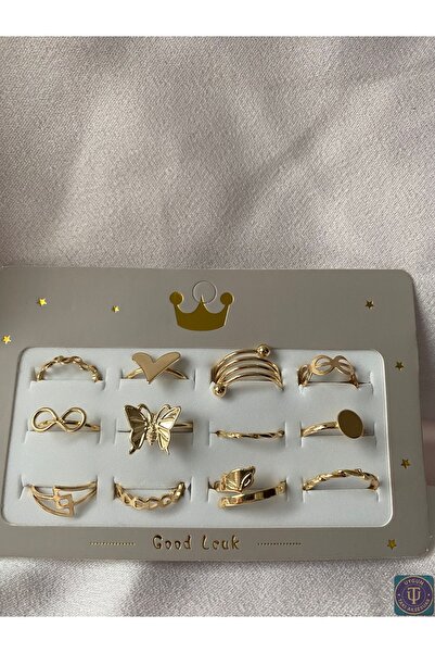 uyguntakıaksesuar مجموعة من 12 خاتمًا فولاذيًا ذهبي اللون - تصميمات الفراشة، ...