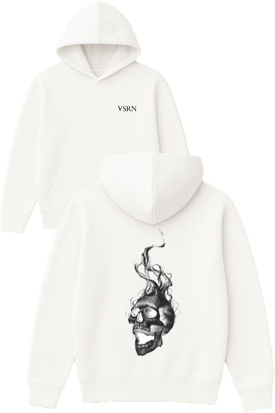 VSRN تصميم جمجمة دخانية مطبوع قصة فضفاضة سويت شيرت أبيض بغطاء رأس