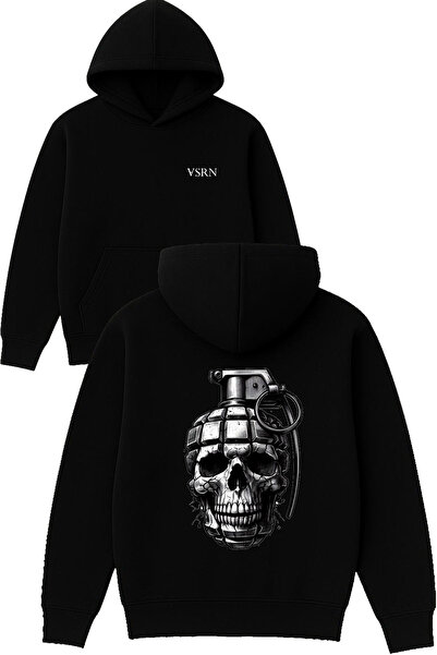 VSRN Skull Grenade Design Printed Oversized Black Hooded Sweatshirt
