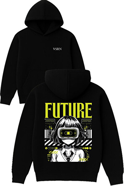 VSRN تصميم أنمي مستقبلي مطبوع قصة فضفاضة سويت شيرت أسود بغطاء رأس