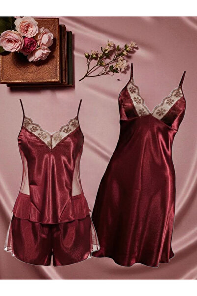 LARİS Yılbaşı Özel 3'lü Takım Bordo Saten Mini Askılı İddialı Gecelik Takımı