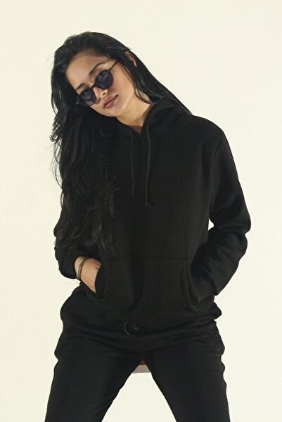 INFLUYENTE Women's Winter Cotton Puff Fabric Kangaroo Pocket Hooded Jogger Tracksuit Set