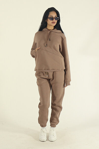 INFLUYENTE Women's Winter Cotton Puff Fabric Side Pocket Hooded Jogger Tracksuit Set