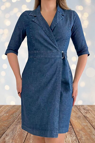 Moda Amore Women's Denim Dress - Plus Size Sash Detail Half Sleeve Dress 2667