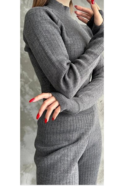 Esperar Pulover crop tricotat pe jumătate pentru femei, pantaloni, tricotaje set