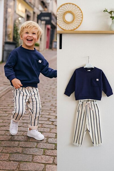 Jumino 3-Ply Unfelted Bottom-Up Boy's Suit with Collar Pocket and Striped Pants