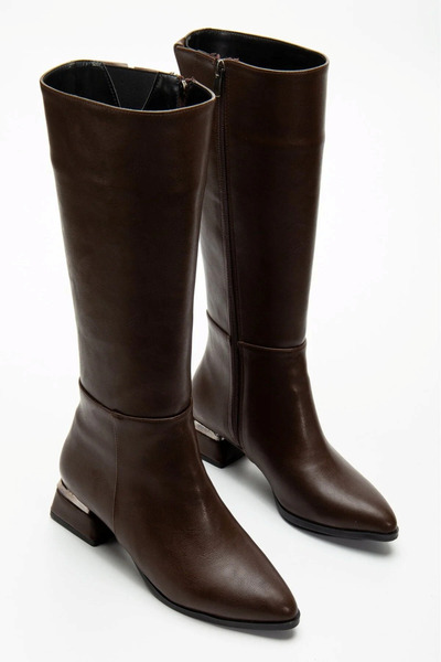 ŞIK STORE Lunaria Women's Bitter Brown Below-The-Knee Metal Detail Heeled Stylish Boots